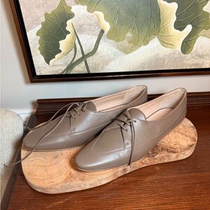 LAFAYETTE 148 NEW YORK Womens Taupe Leather Oxford Flat Tie Handmade Italy Sz 40